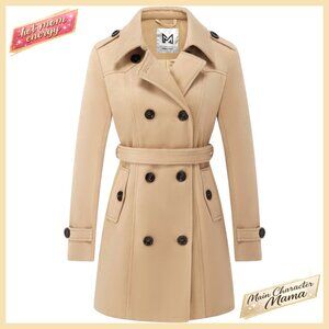 Double Breasted Pea Coat with Belt, Slim Fit Trench Coat for Winter